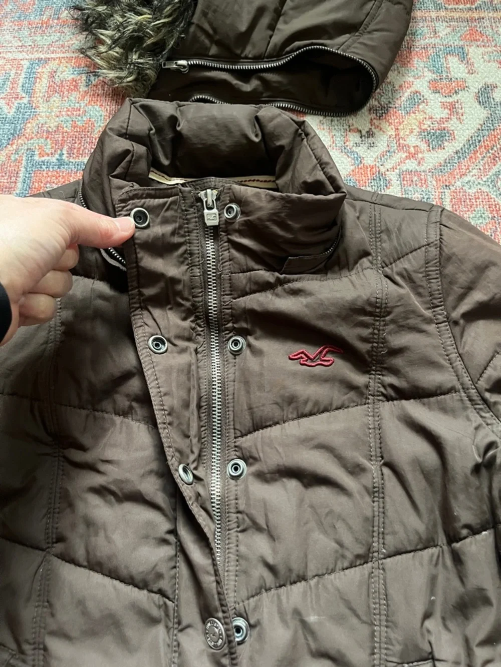 Hollister Quilted Bomber Jacket with Removable Faux Fur Hood - Brown - Large - Picture 3 of 16